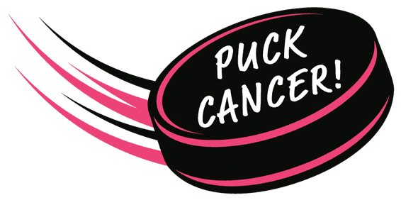 A hockey puck flies across the ice saying "Puck Cancer"!