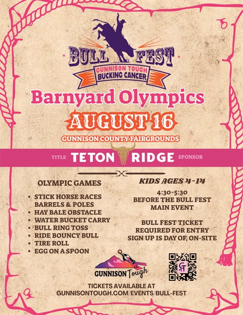 Barnyard Olympics Poster Poster for the Bull Fest Barnyard Olympics on parchment with pink western decorations and text about the event that is posted on this page.