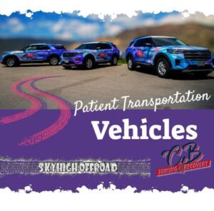Three vehicles in front of a mountain all wrapped in bright blue, pink, and purple Gunnison Tough logo.